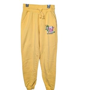 MTV Women's XS Pale Yellow Joggers with Floral Pink Green Logo Sweatpants EUC